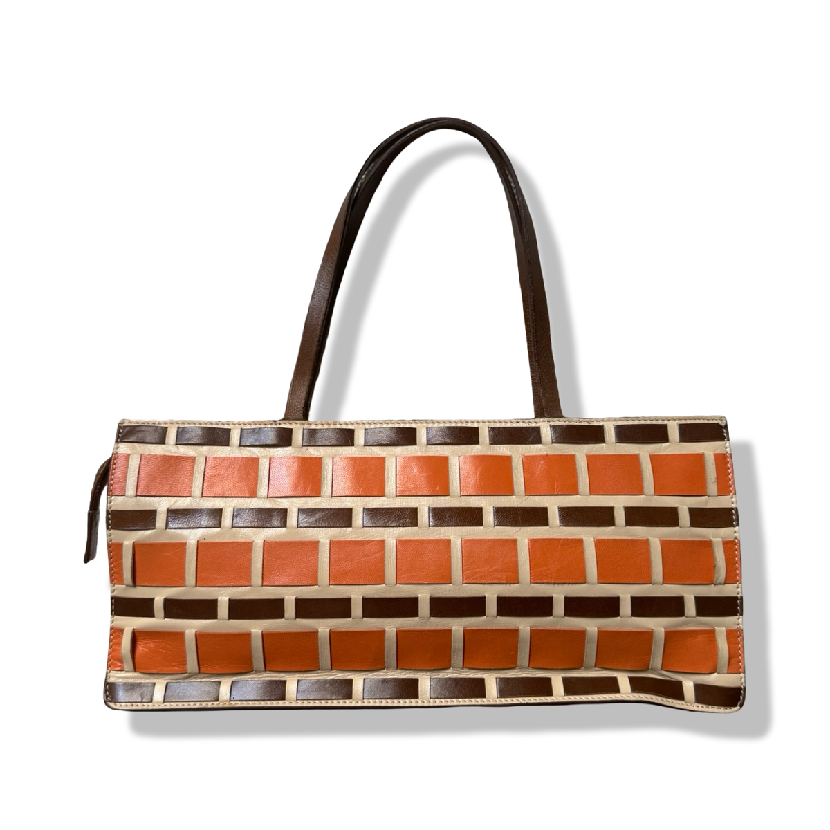Miu Miu Vintage Leather Woven Shoulder Bag authentic brown orange and cream 2000s vintage y2k