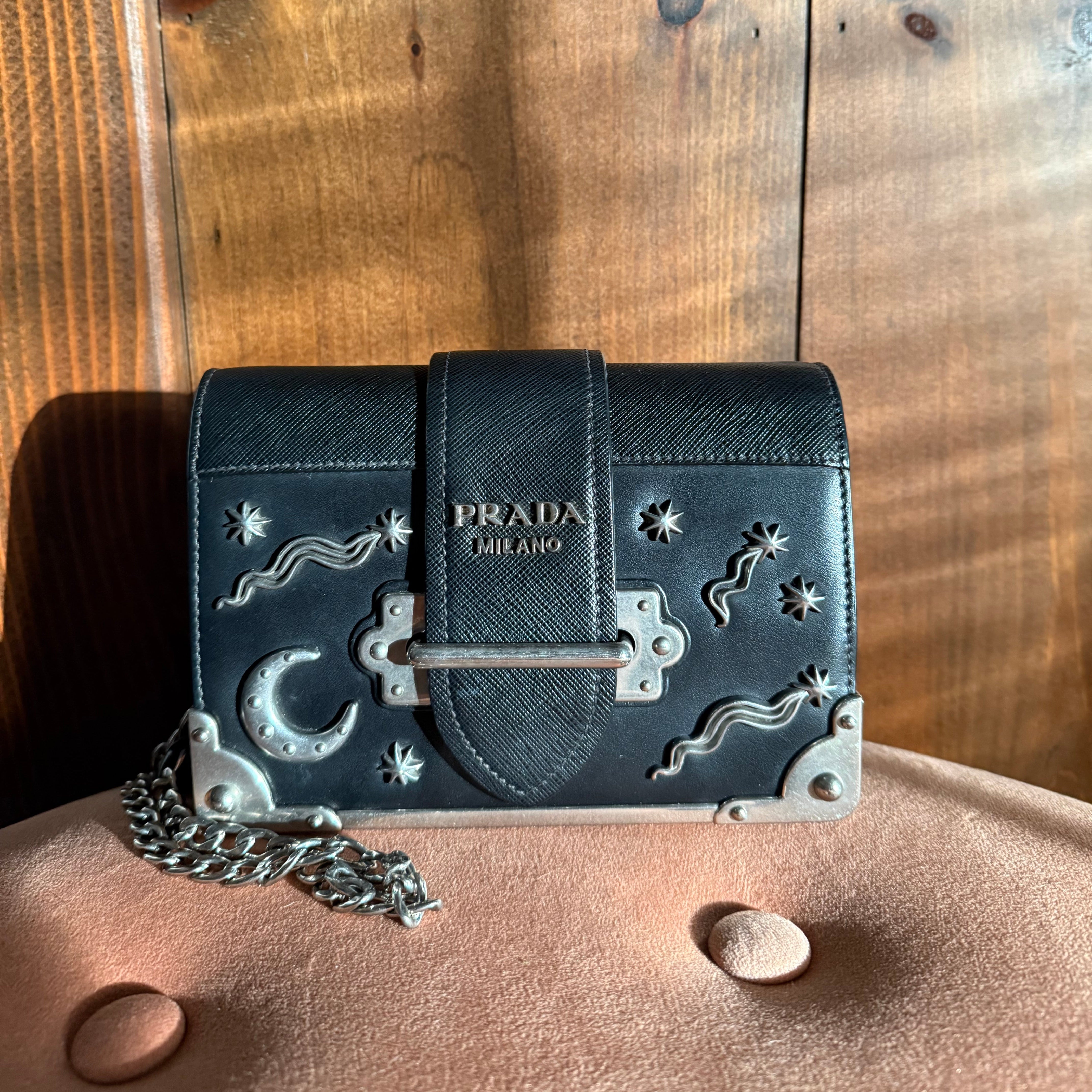 Prada Cahier Bag Astrology Edition black leather silver hardware authentic