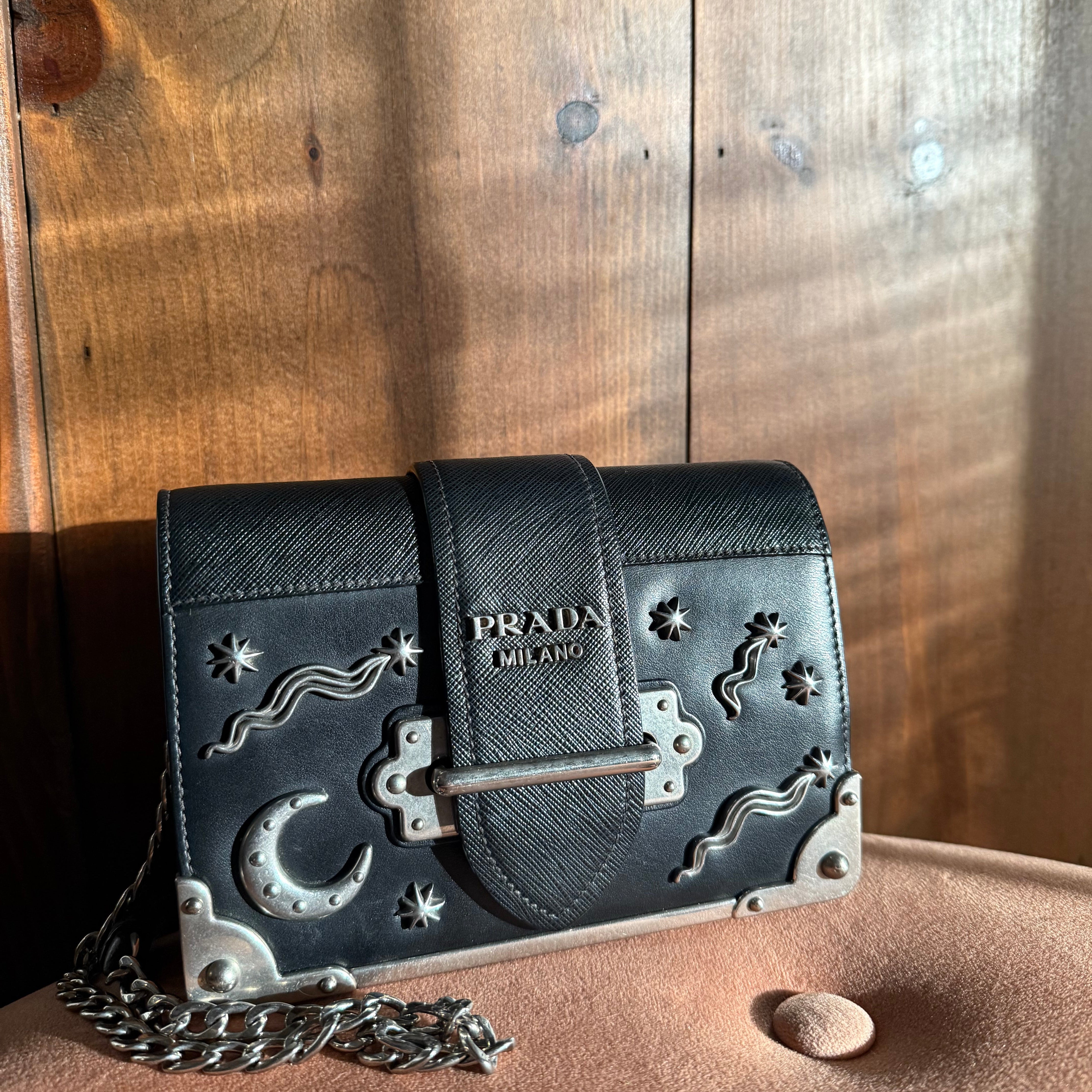 Prada Cahier black calf leather and saffiano bag Astrology Edition silver hardware authentic
