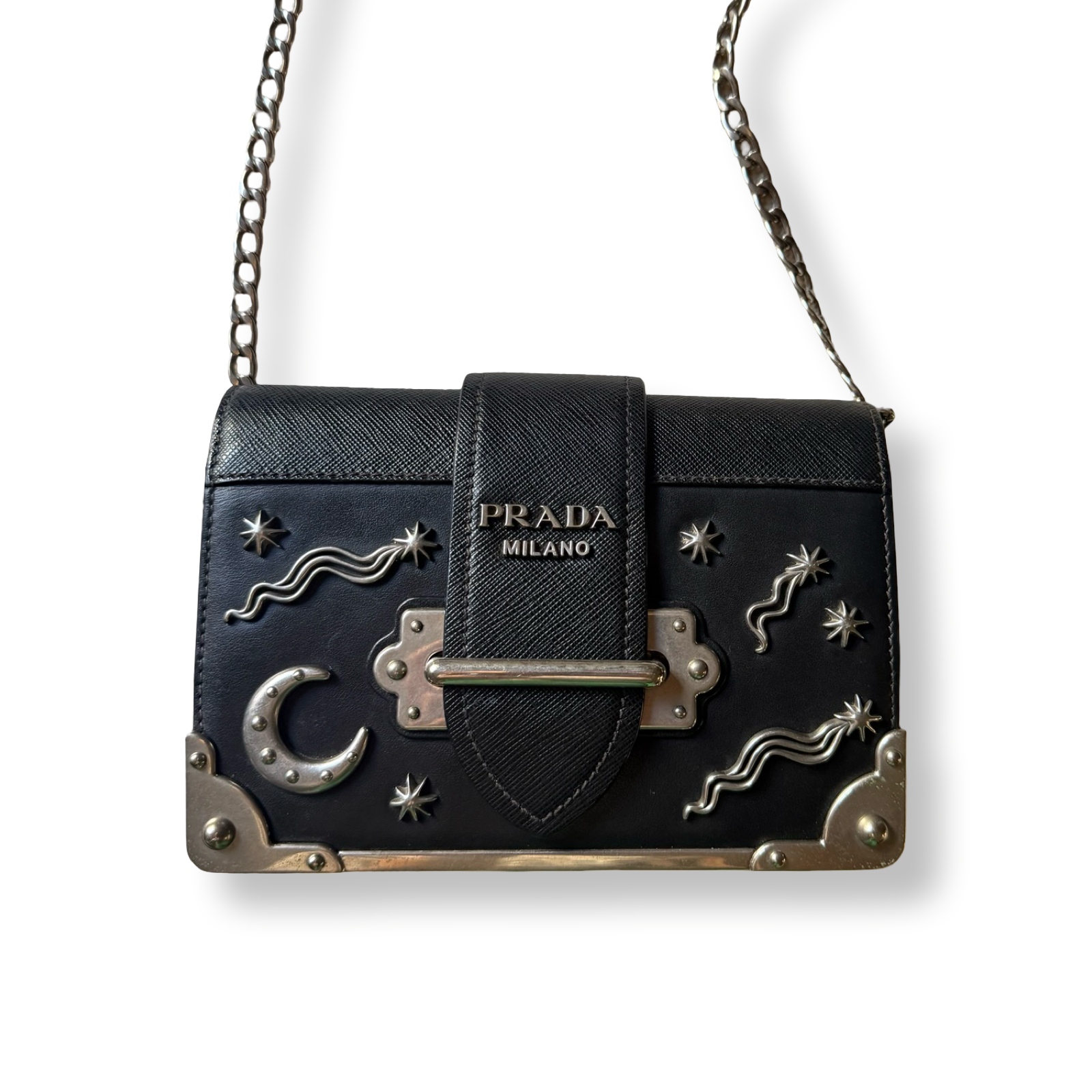 Prada Cahier Bag Astrology Edition black leather silver hardware authentic