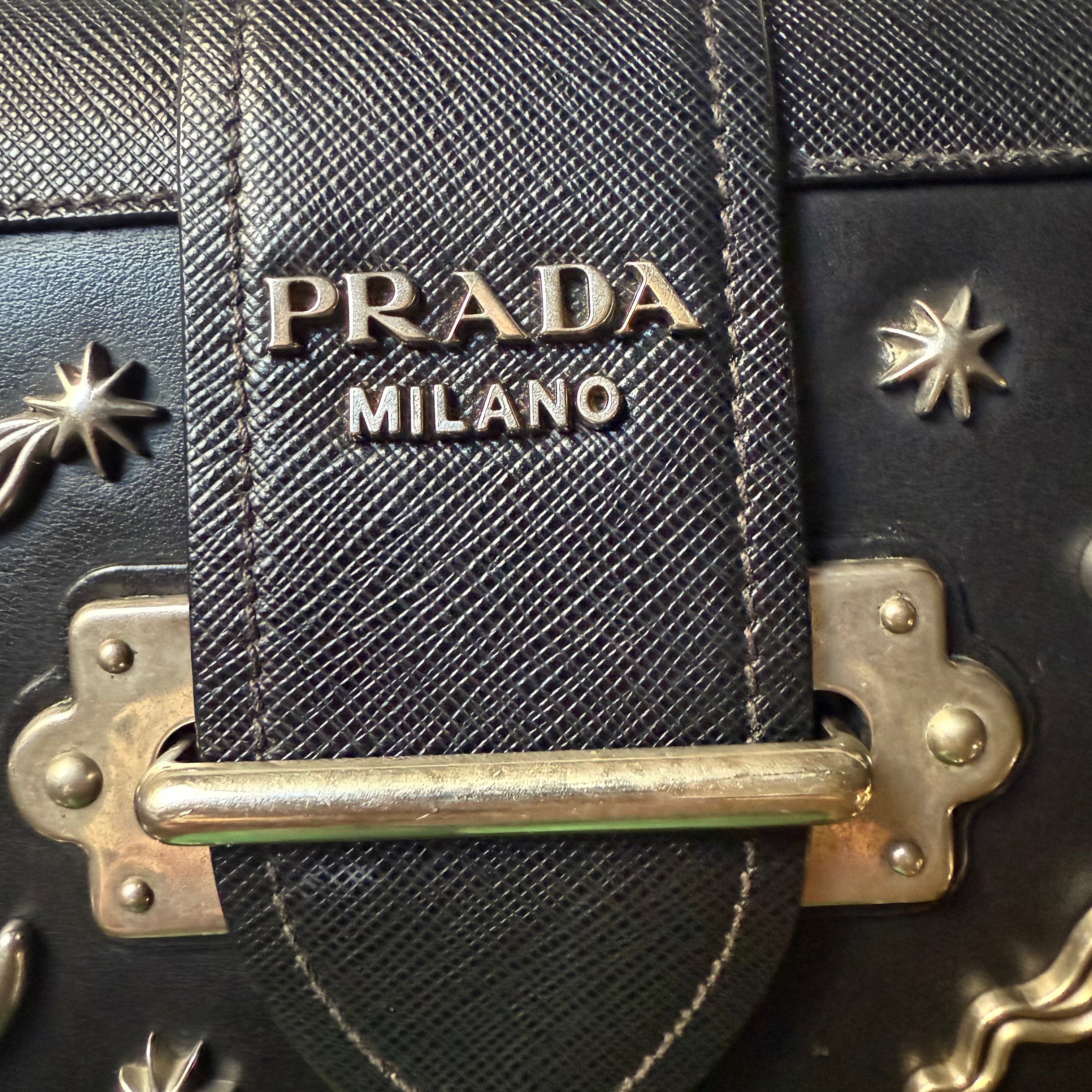 Prada Cahier Bag Astrology Edition black leather silver hardware authentic