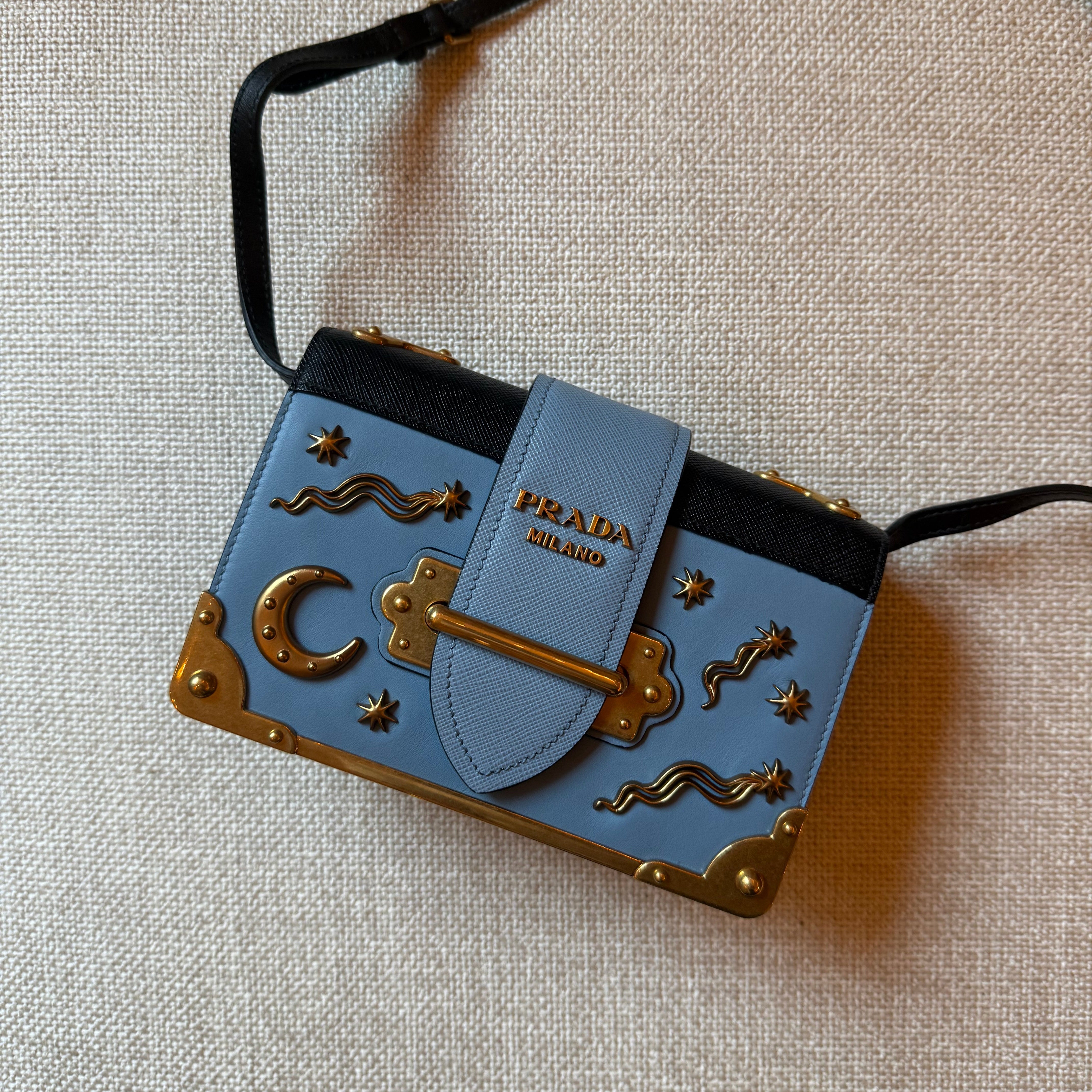 Prada Cahier Bag Astrology Edition Light Blue leather authentic gold hardware moon and stars versatile  bag