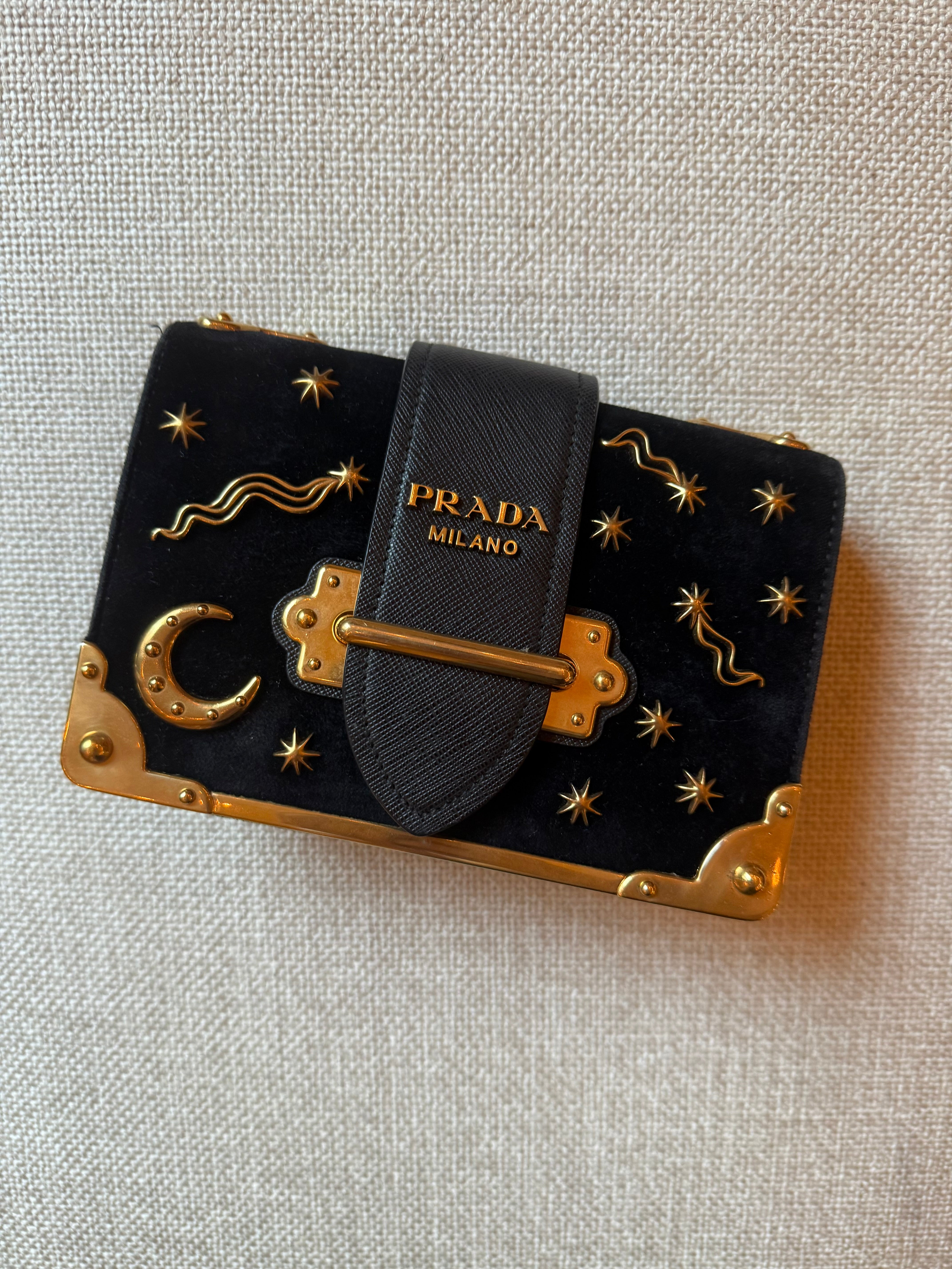 Prada Cahier Bag Astrology Edition with moon and stars Black Velvet with Gold Hardware and embellishments authentic