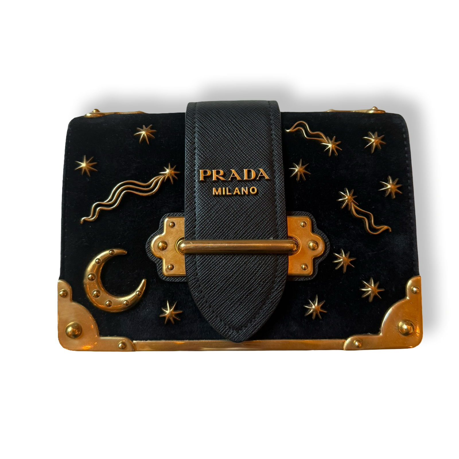 Prada Cahier Bag Astrology Edition with moon and stars Black Velvet with Gold Hardware and embellishments authentic