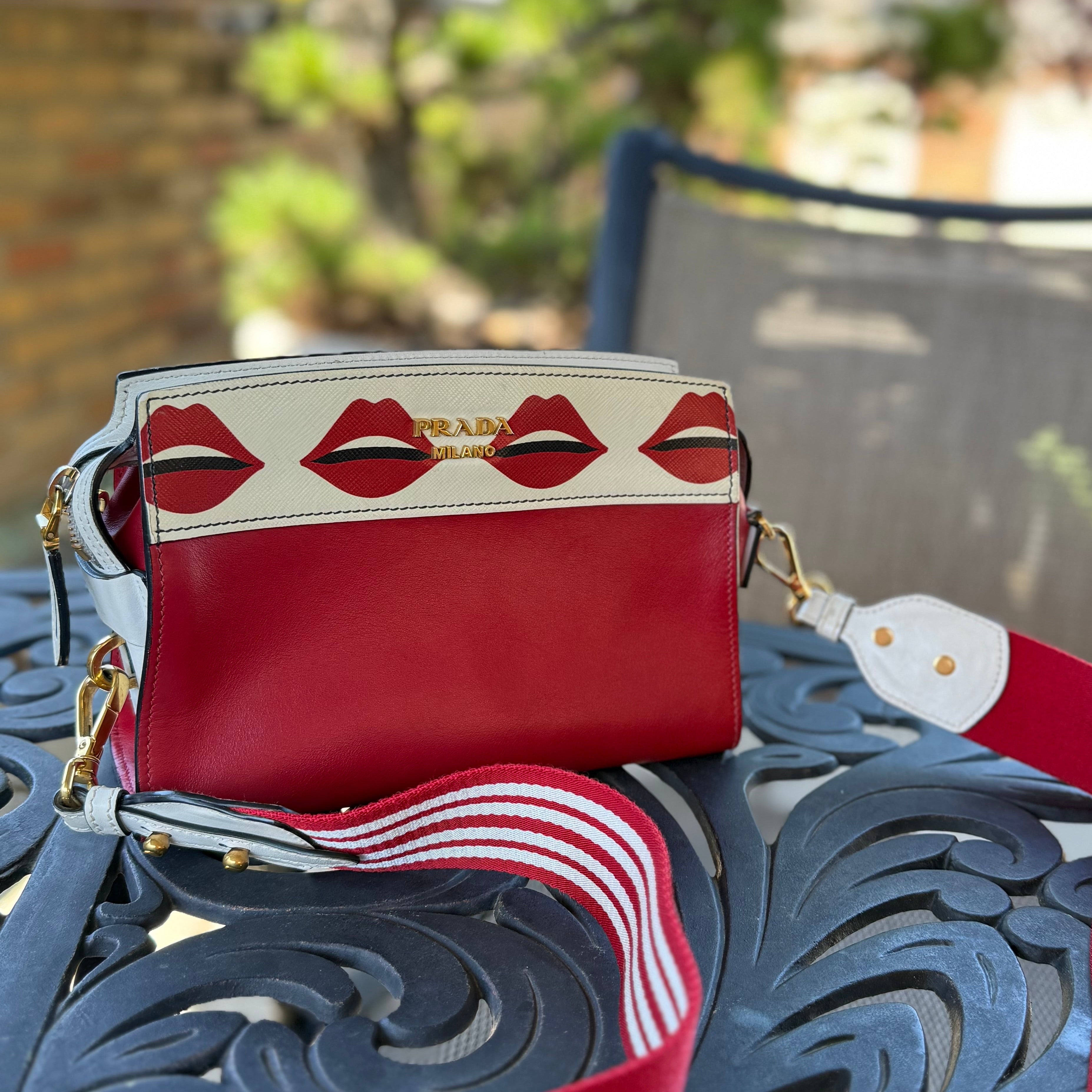 Authentic Prada Esplanade Red satchel lip print red and white two way cross body