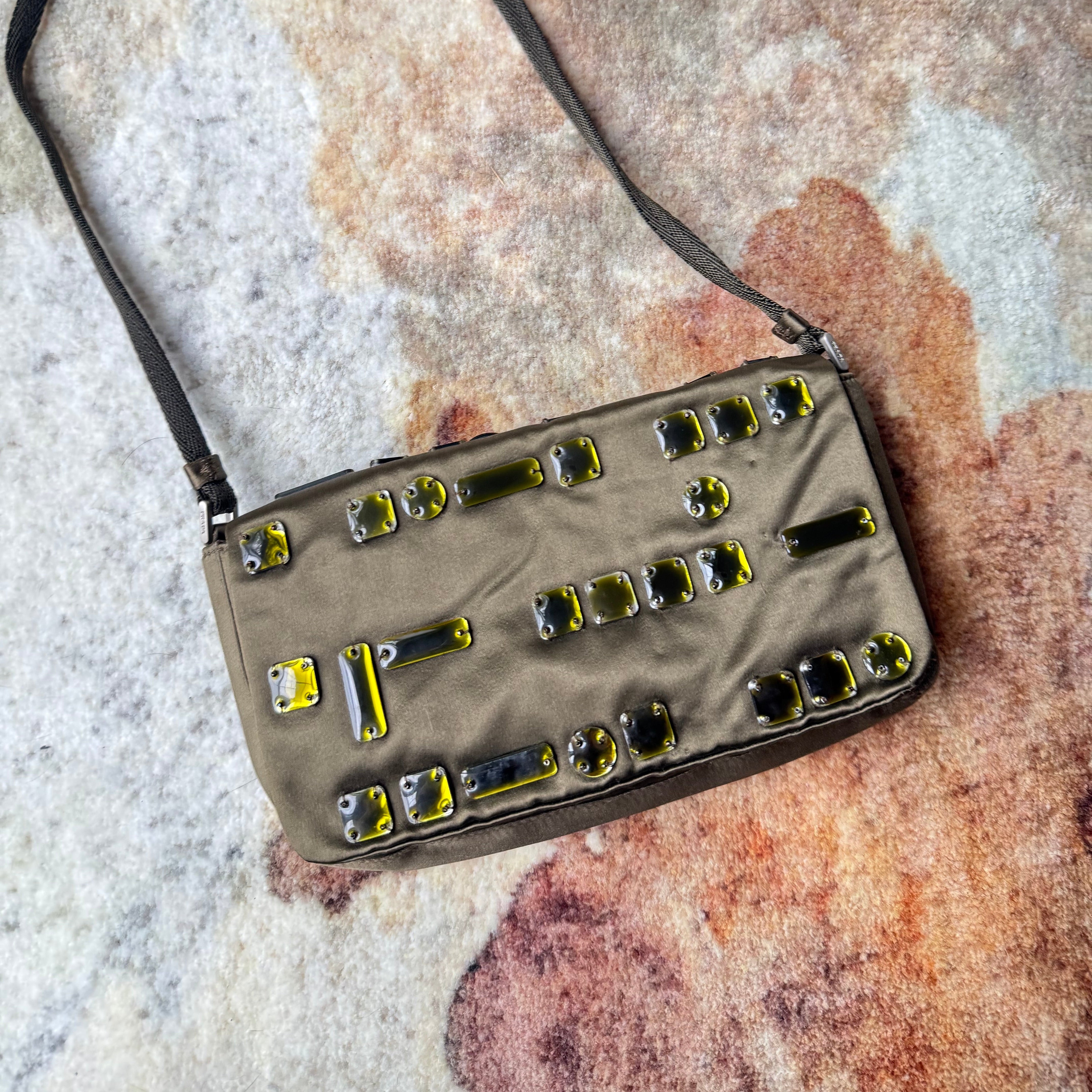 Prada Vintage 90s Jeweled Shoulder Flap Bag Green Satin Cargo back Messenger back authentic 1999