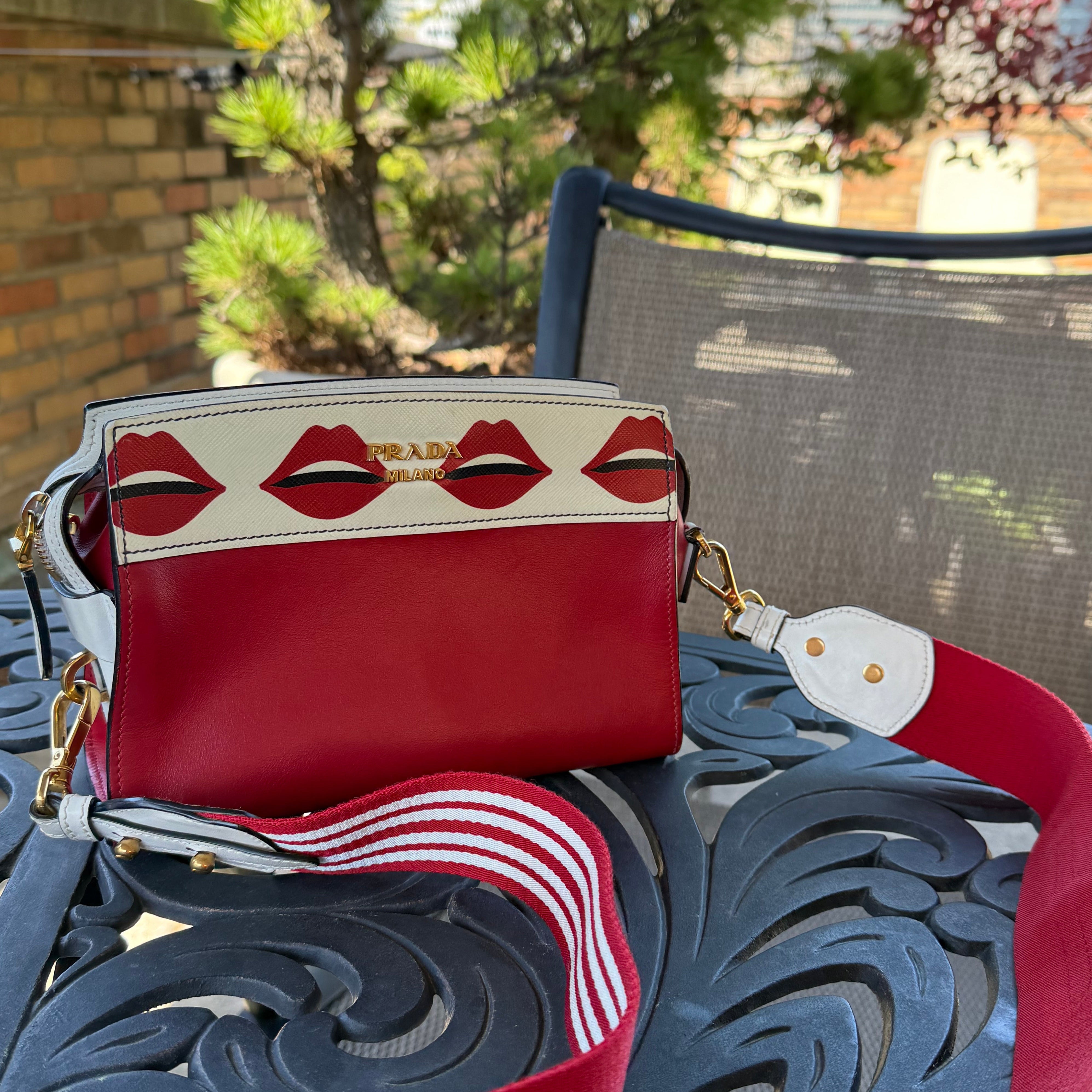 Prada Authentic Lips Print Esplanade bag red and white two way