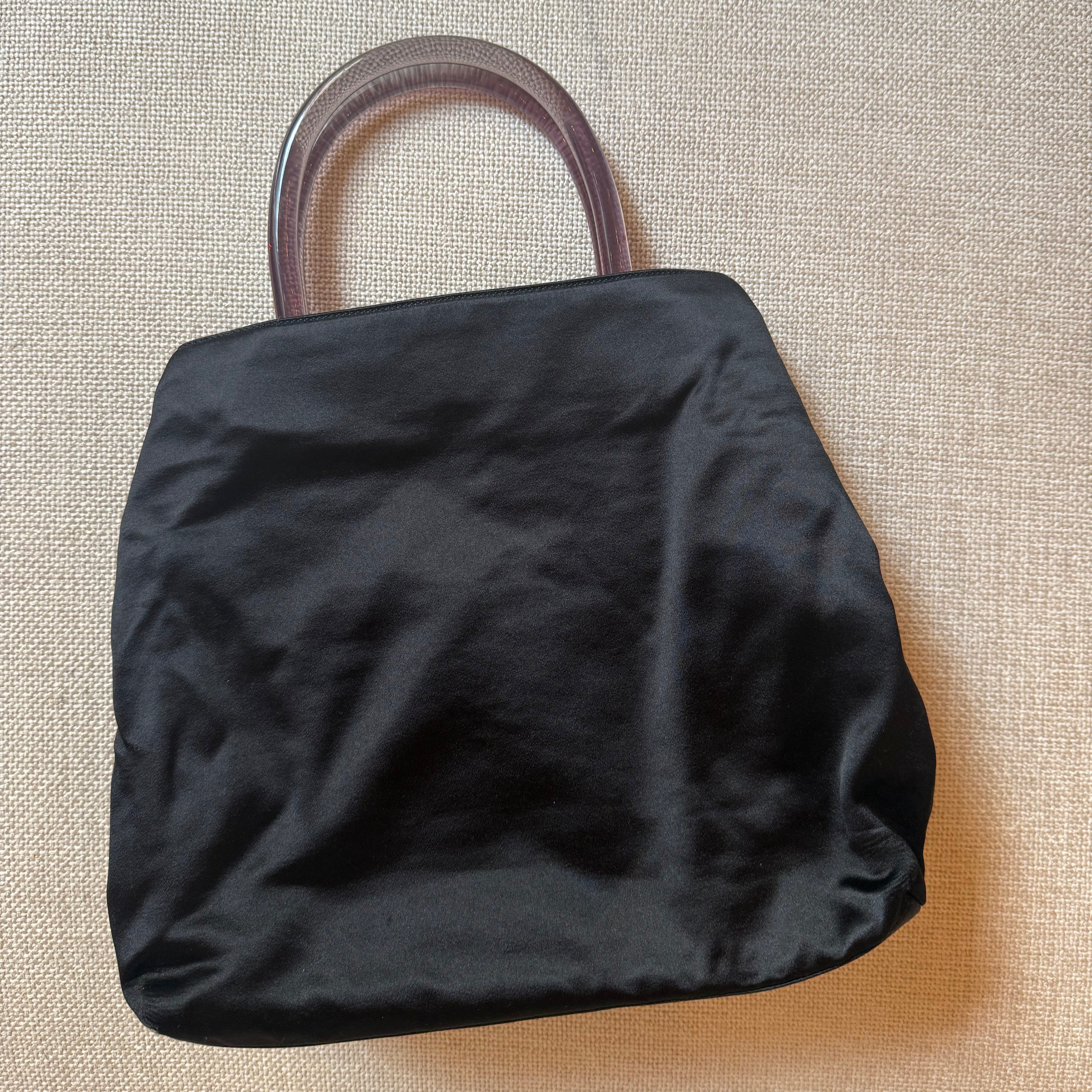 Vintage 1990s Authentic Prada Satin Handbag Black Minimal quiet luxury with acrylic handles chic
