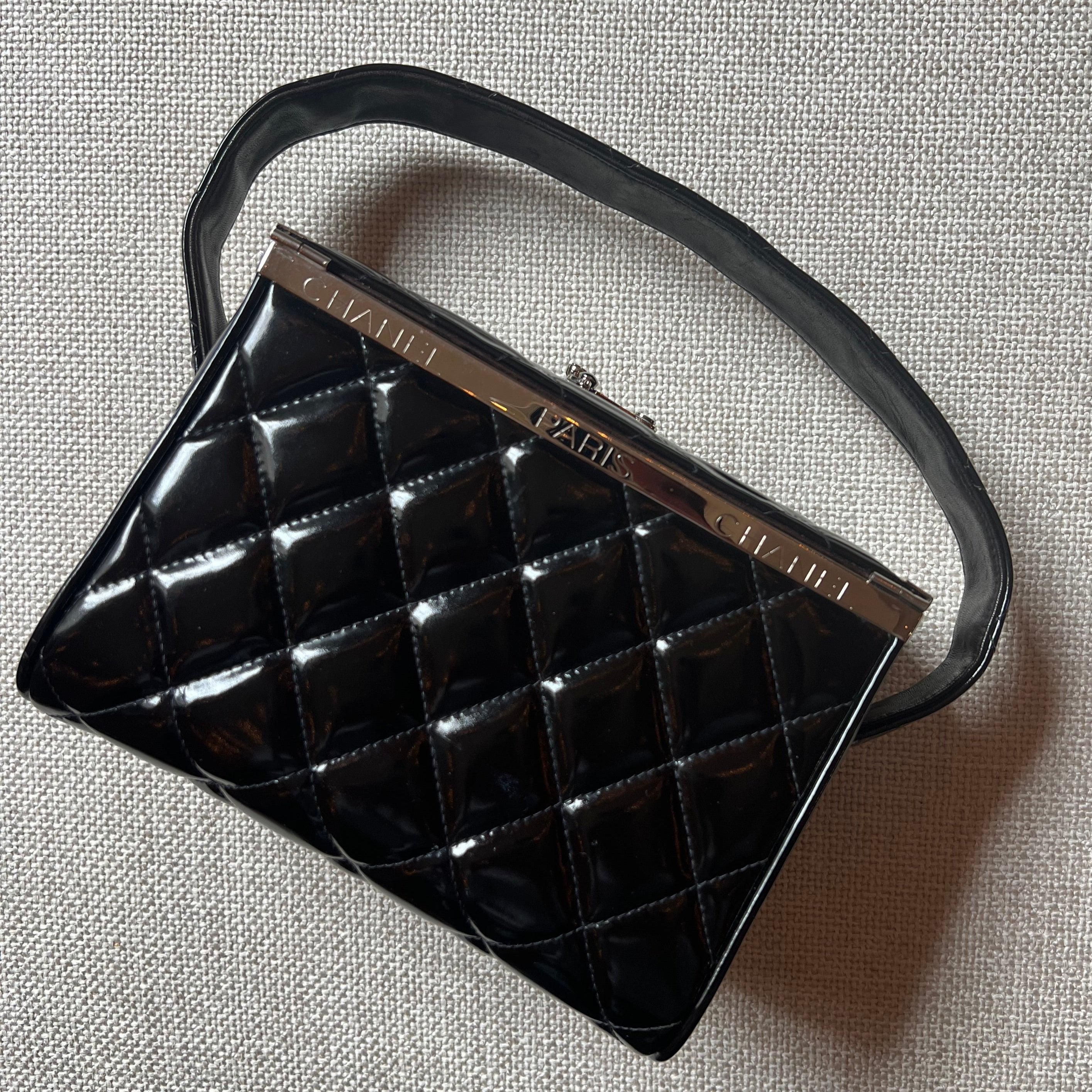 Chanel 90s vanity bag black patent leather box style