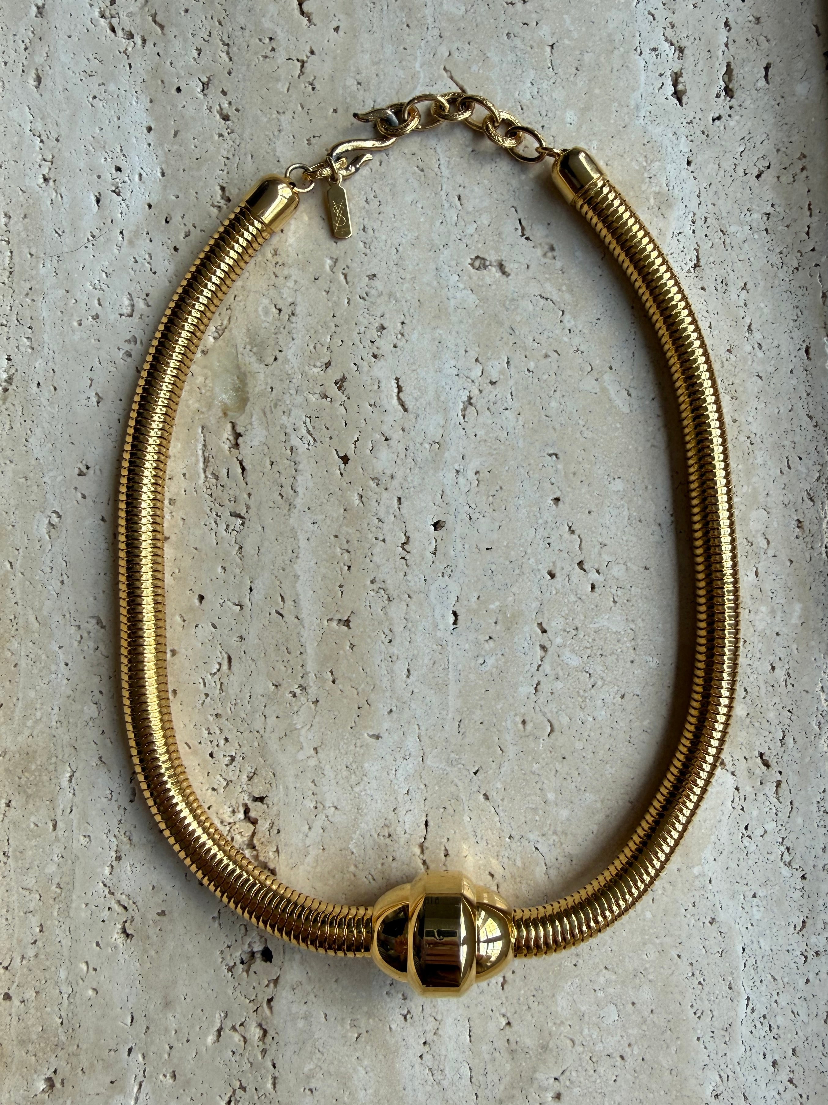 Vintage 1980s Yves Saint Laurent Gold tubogas Snake Chain Pendant authentic gold plated Necklace