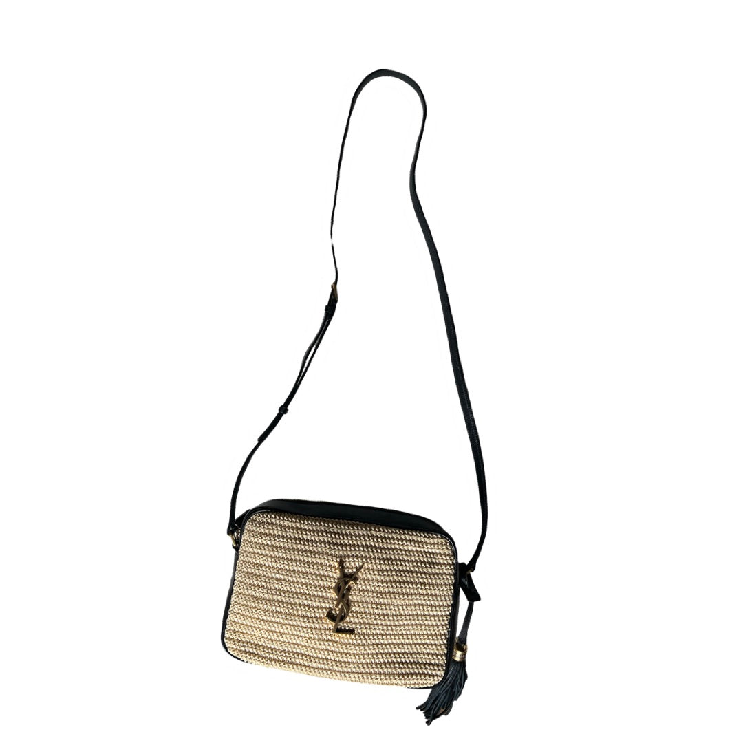 saint laurent raffia camera bag YSL black leather tassel