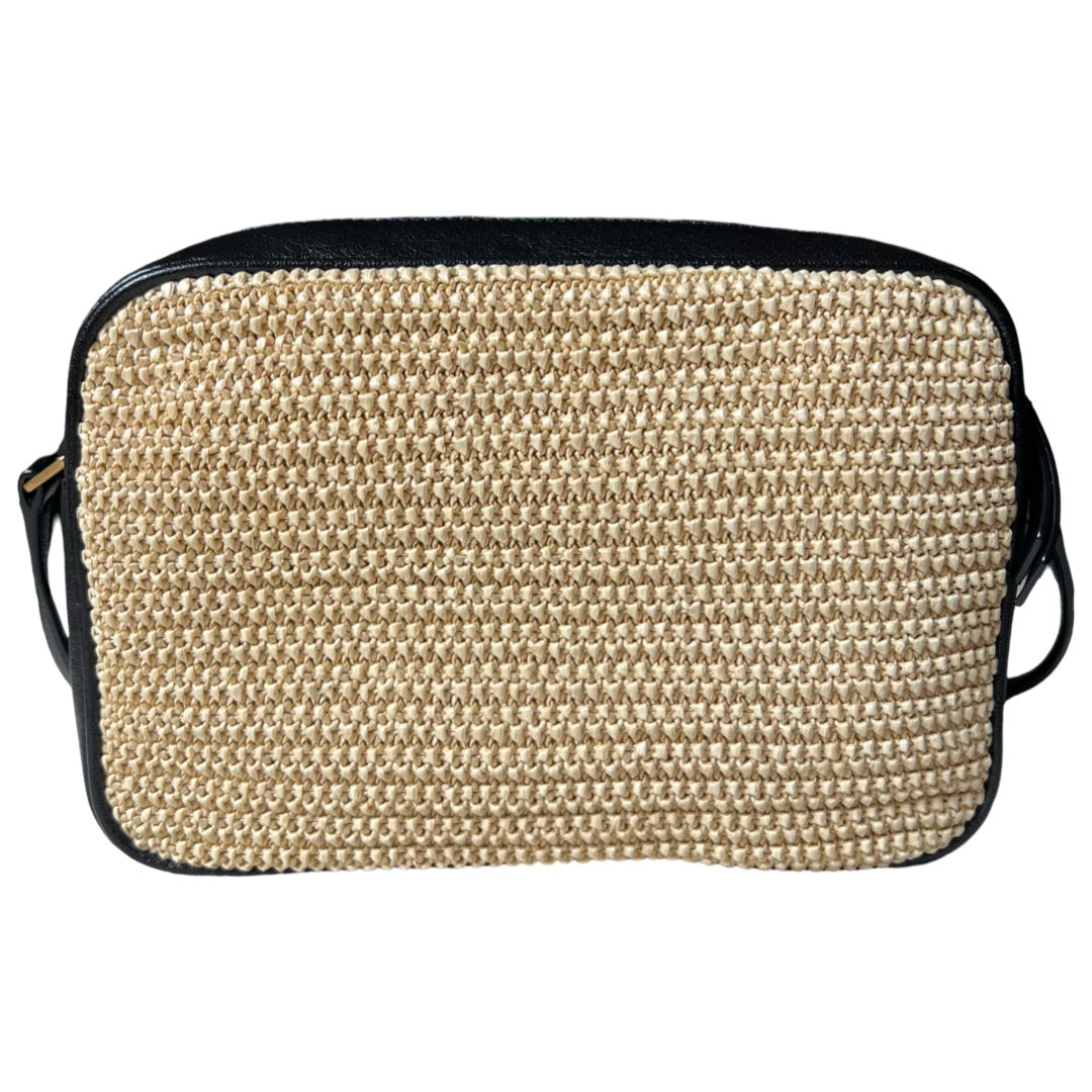 saint laurent raffia camera bag with black leather