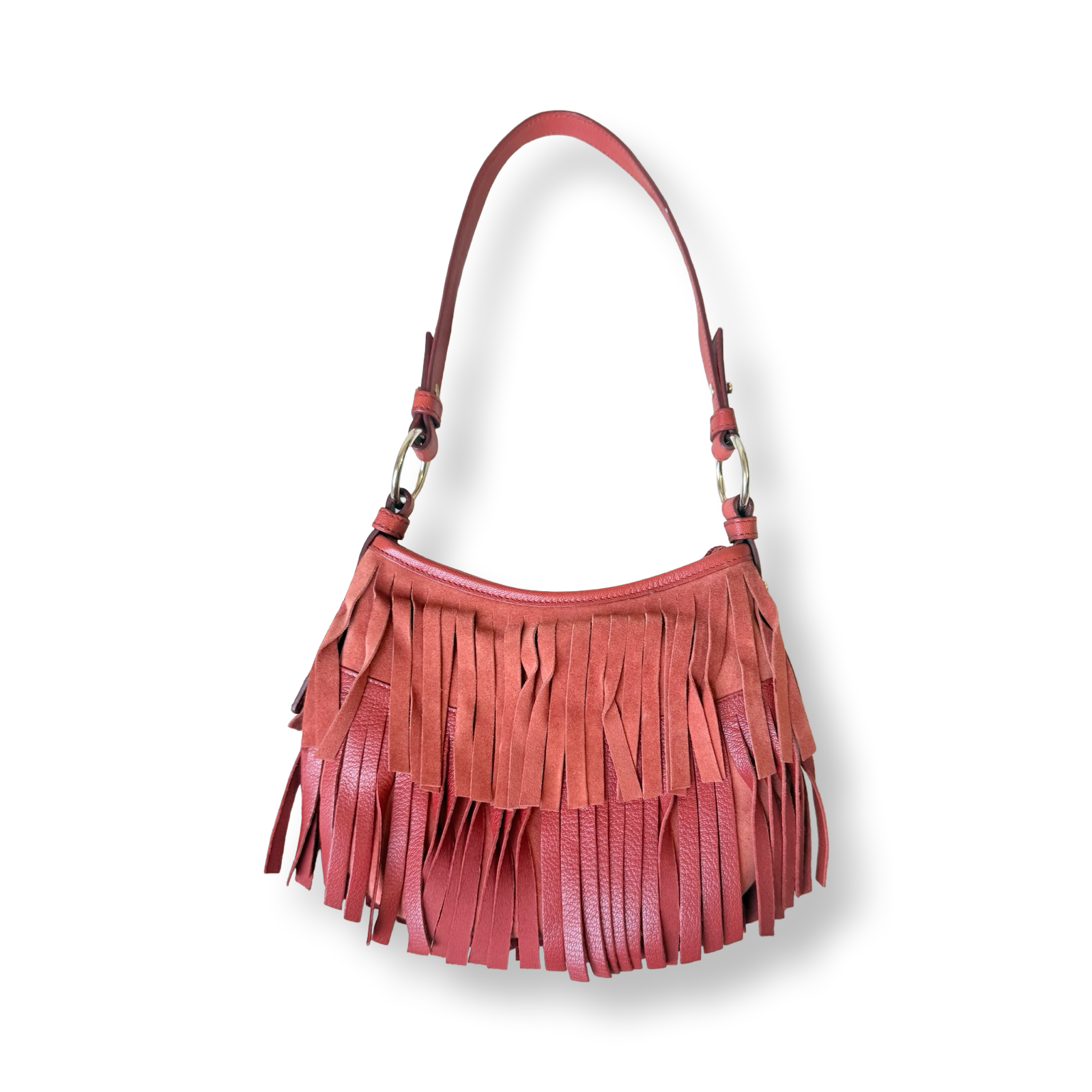 Yves Saint Laurent La Boheme Suede Fringe Mini red orange leather authentic y2k vintage 2004 Tom Ford era