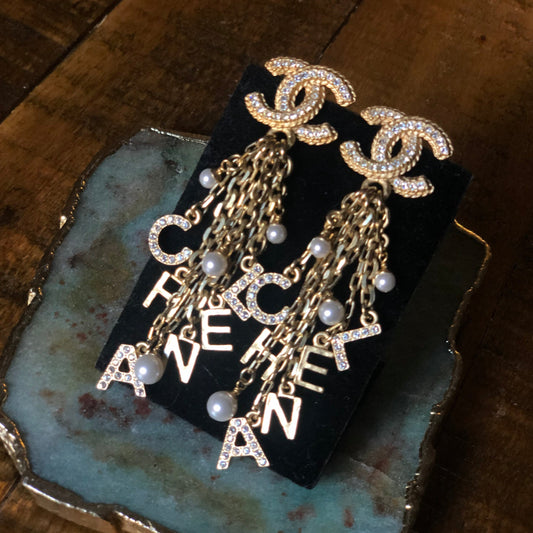 Chanel CC Pearl & Letter Fringe Earrings