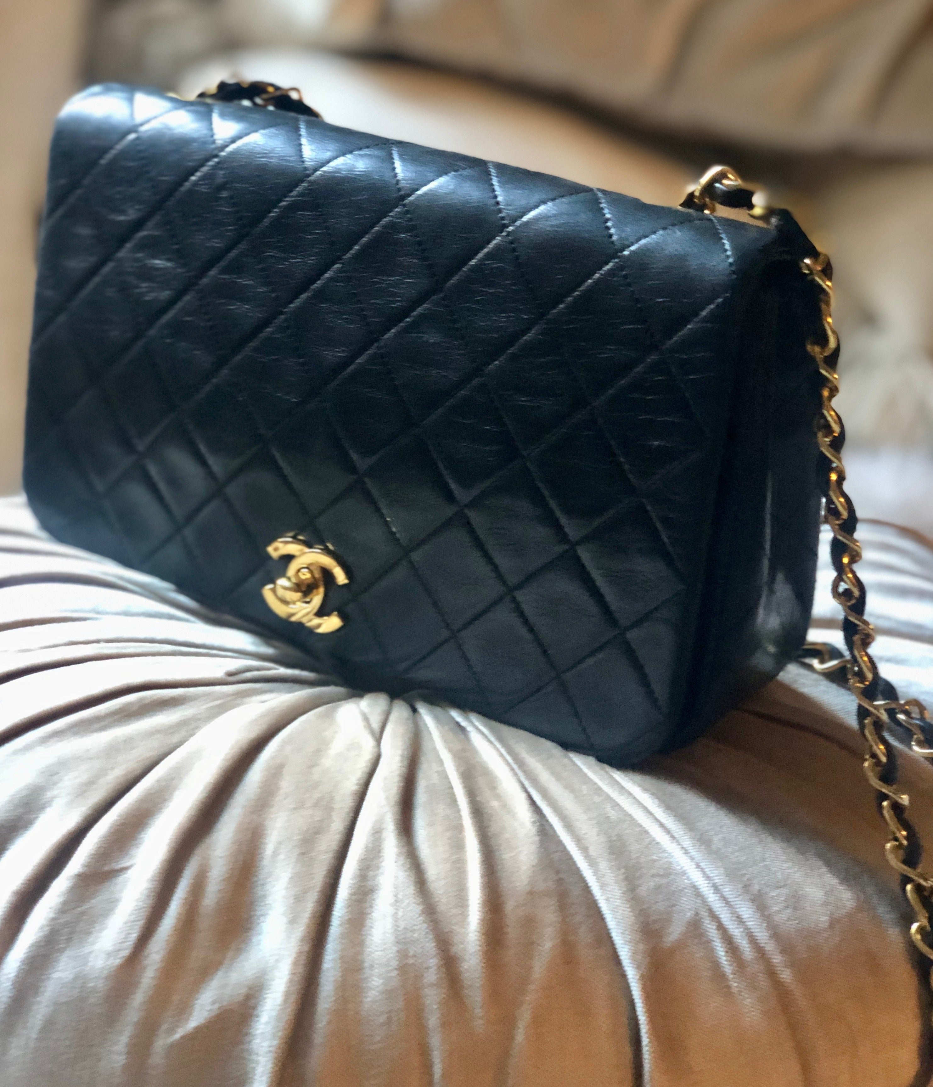 Chanel Black Quilted Calfskin Flap Bag Pearl Chain Gold Hardware