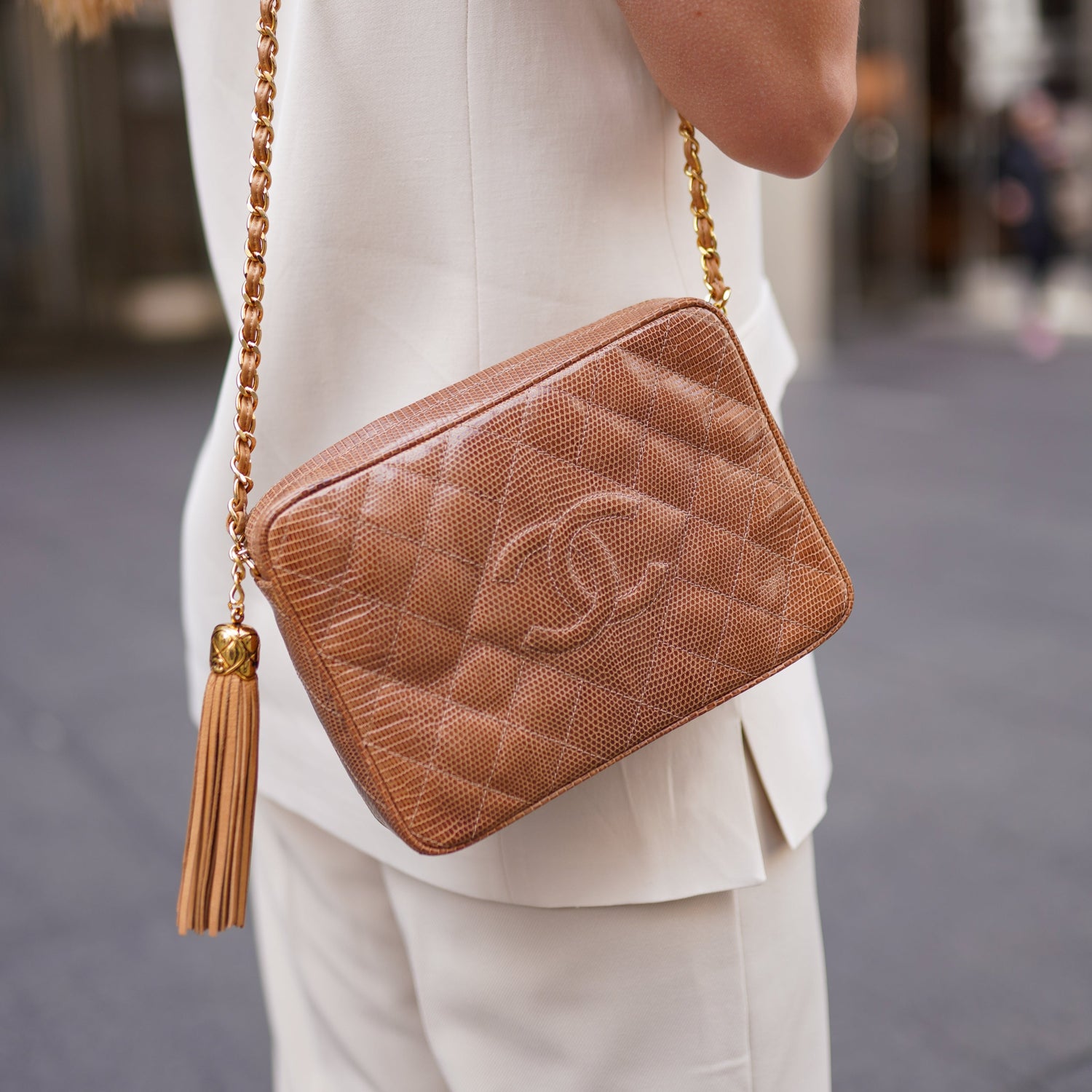 Chanel Camera Bag Beige with gold chains