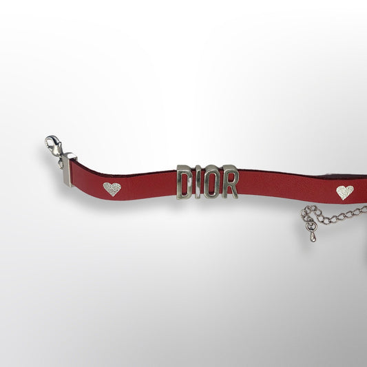 Dior Red Leather Bracelet Silver Logo hardware & heart charm