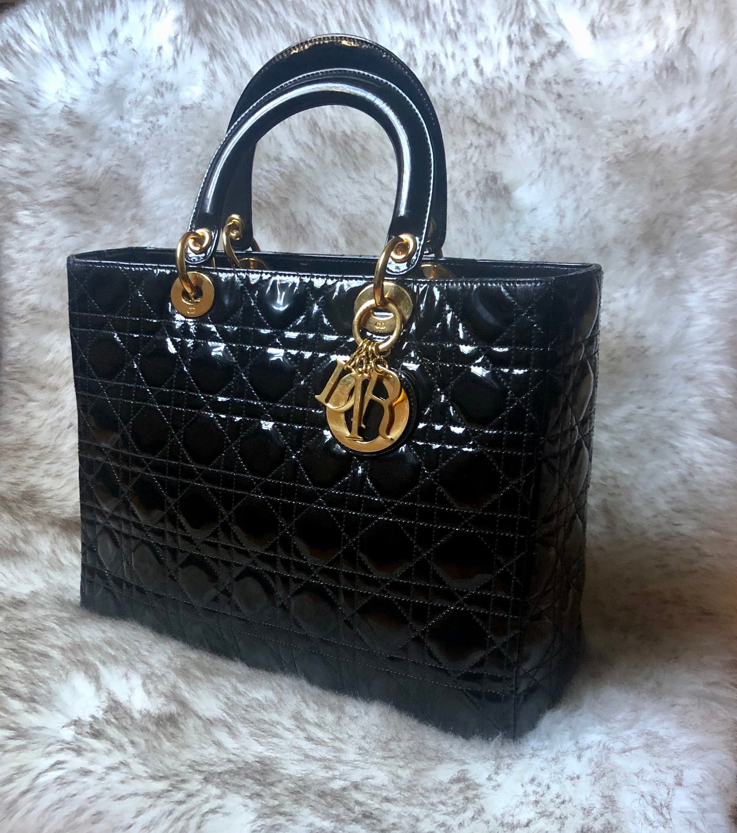 Dior Lady Dior Large Patent Black Cannage Bag 