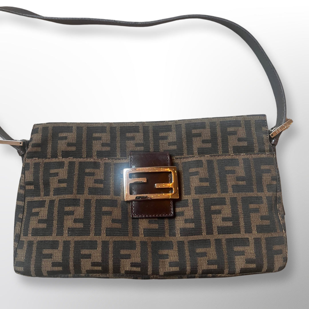 Vintage 1980s Fendi Zucca Monogram Shoulder Bag Purse Slant Top Authentic