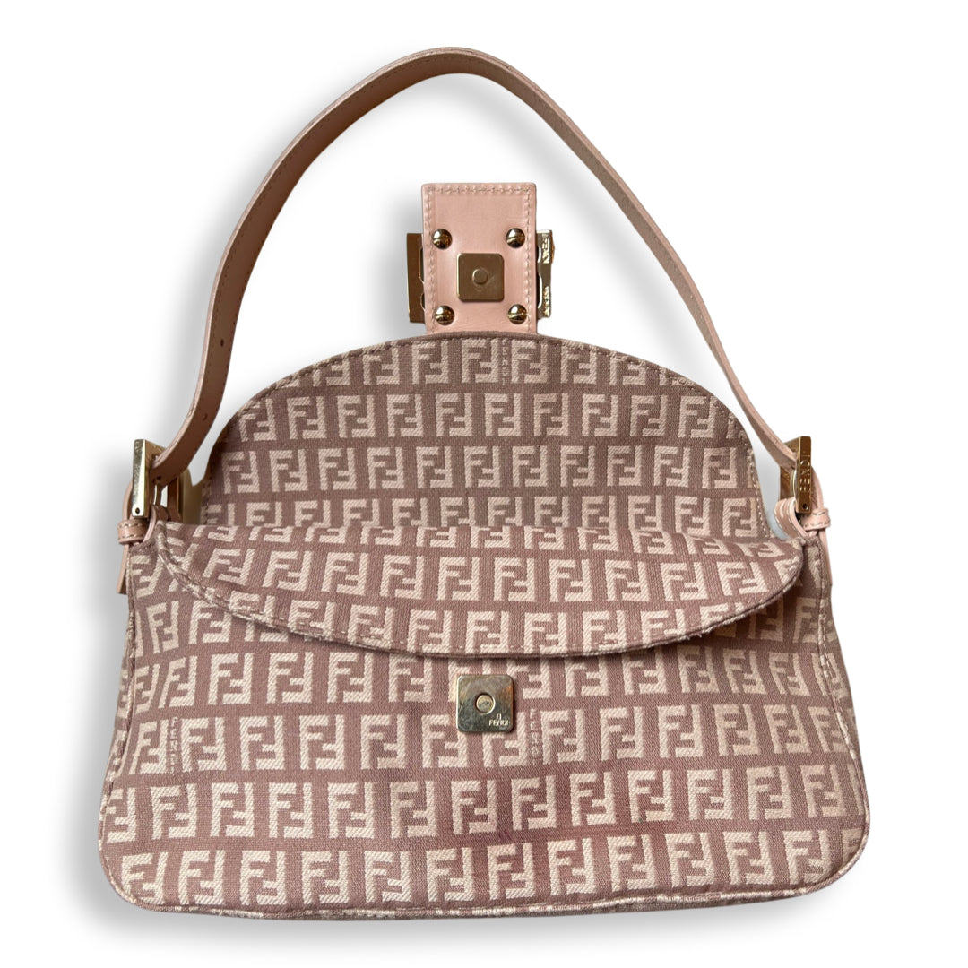 Fendi Pink/Beige Zucca Canvas and Leather Logo Flap Baguette Bag Fendi