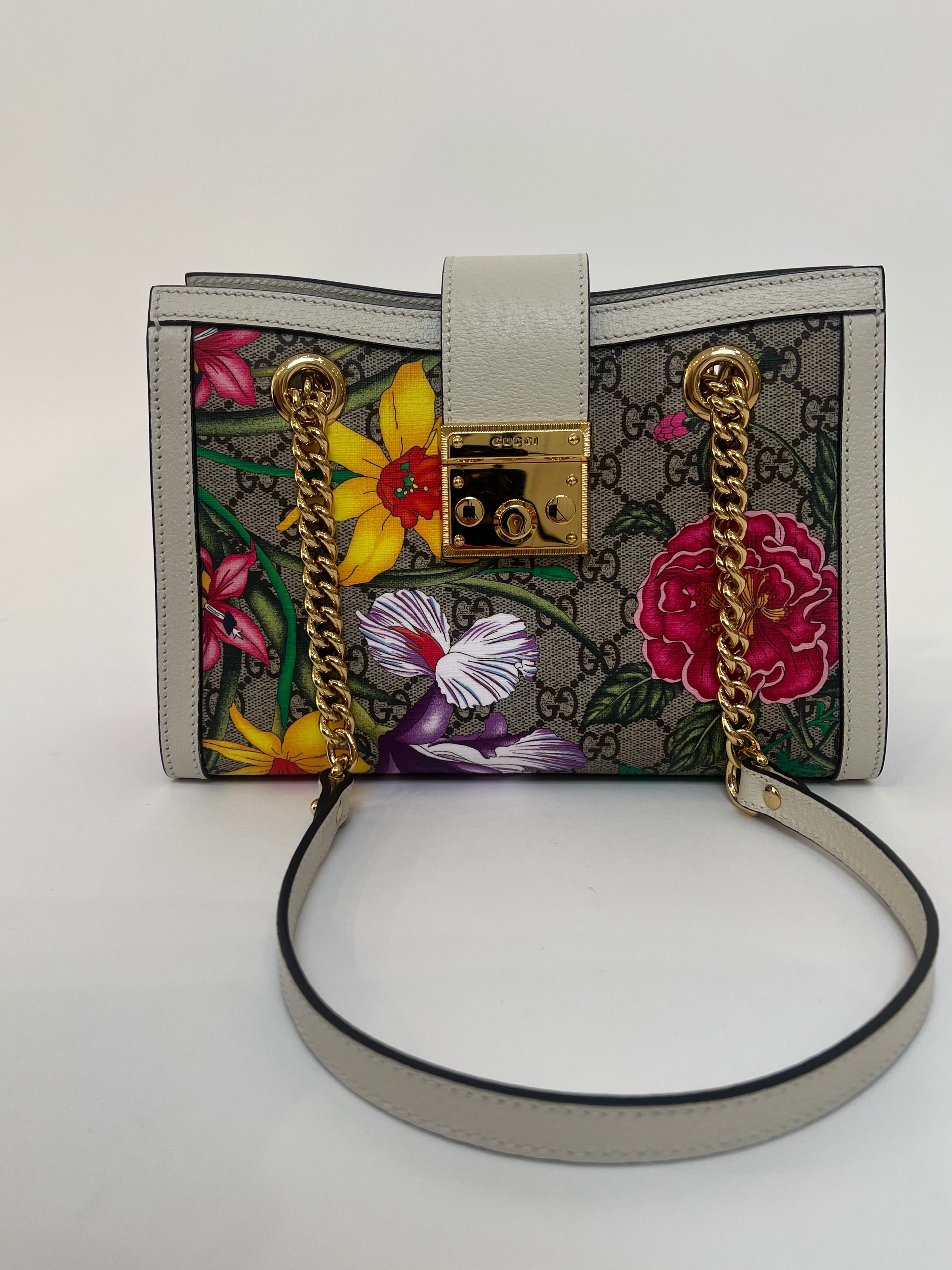 gucci flora print white leather bag