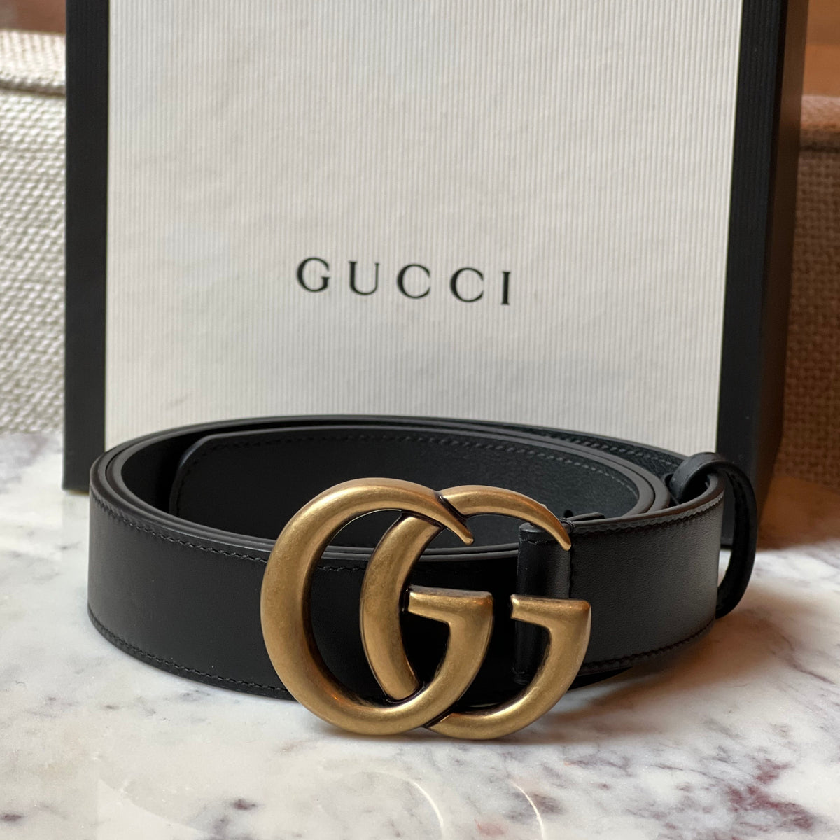 GUCCI Vintage Black Leather Belt, Double G Gold Buckle, NWOT Authentic Gucci Black Smooth Calfskin Leather Gold Double G  main image 2