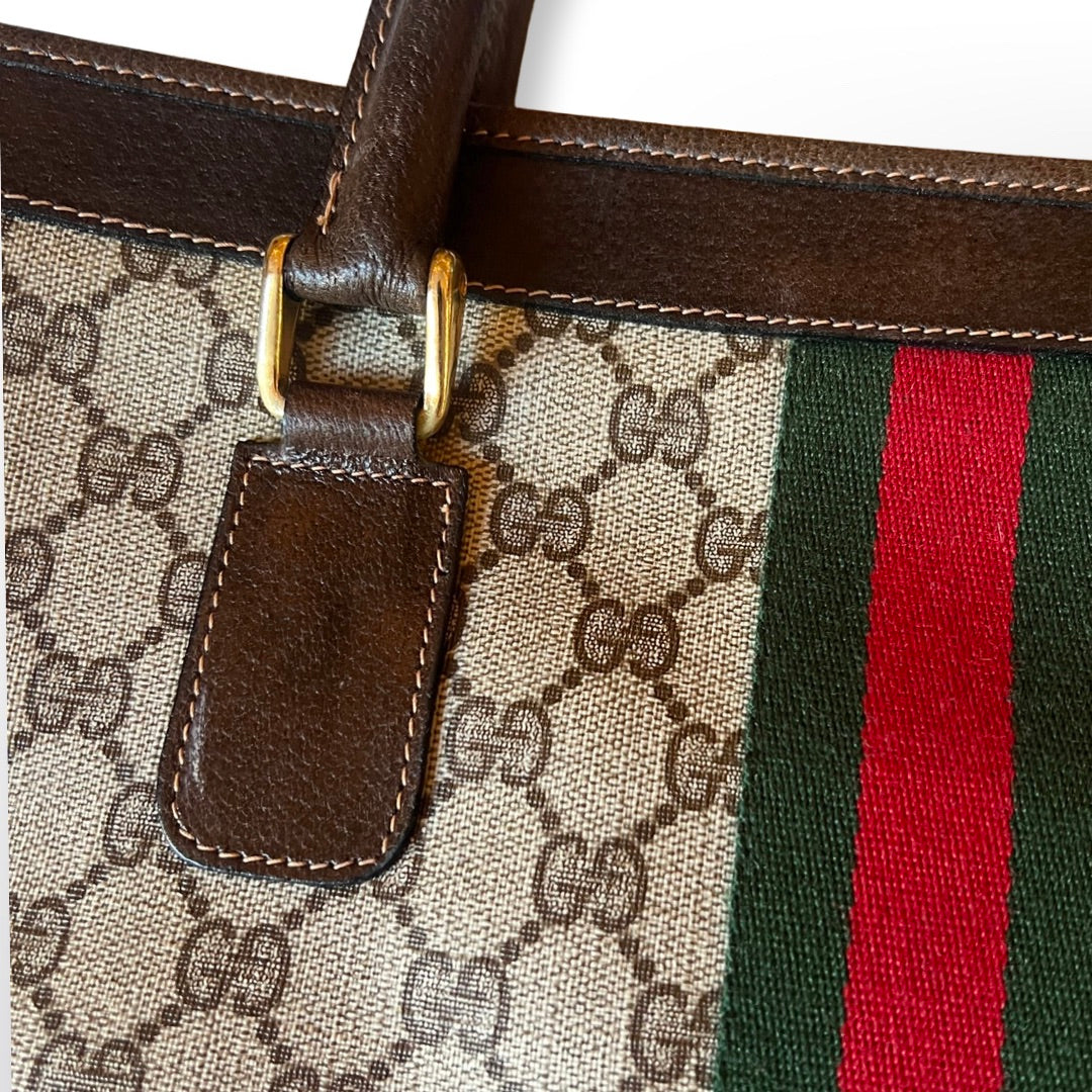 80's vintage Gucci brown monogram webbing sherry line speedy style handbag.  at 1stDibs