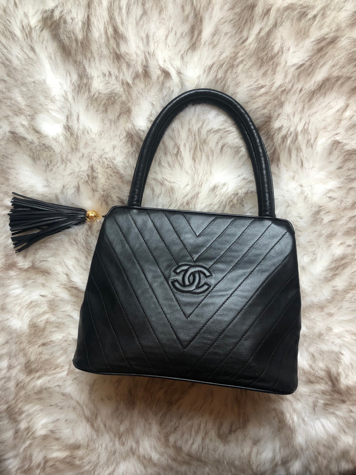 Chanel Vintage Chevron Black Tassel Bag
